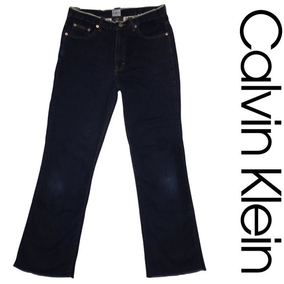 Highrise Flare Jeans, Distressed Denim, Frayed Waist/Hem, Dark Calvin Klein Sz 7 - Picture 2 of 13